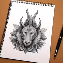the head of a goat with horns is drawn on a notebook