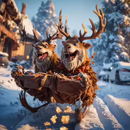 a couple of reindeer that are sitting in the snow