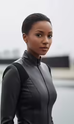 a female model is wearing black tight leather jackets