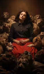 a woman sitting in front of many dogs