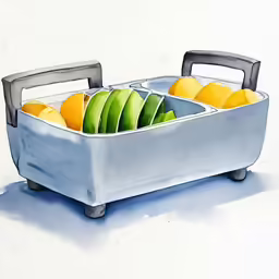 a small metal container with fruit in it