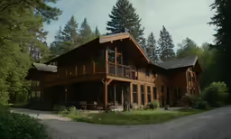 a cabin with a gravel driveway and lush green trees