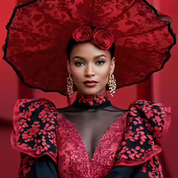 a woman is wearing a fancy red headdress