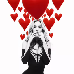 a woman holding a heart over her face and holding it to the side