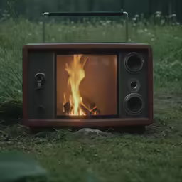 an old fashioned television sitting in the grass with its door open