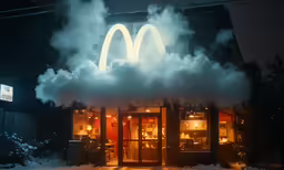 a mcdonalds with cloudy smoke and lights coming out