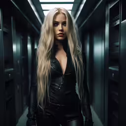 a blonde woman standing in a long hallway,a model wearing black leather clothes standing in a hallway