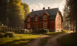 a red house is sitting in the countryside,a red house in the middle of a park