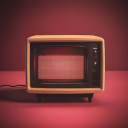 a small, old fashioned tv sits on a red table