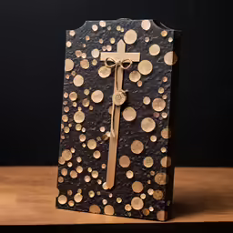 a small wooden box has gold discs on it