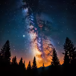 trees against a starry sky over a mountain