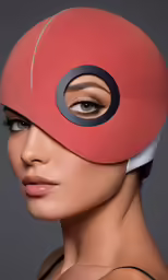 a model wearing a head covering with a red piece of material