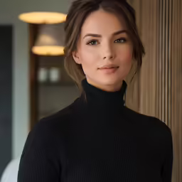woman in black sweater next to a wall