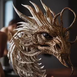 a statue of a white dragon with huge eyes