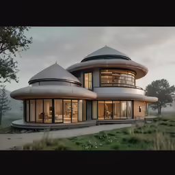 this is a futuristic house with a massive amount of windows and the roof has been lit up