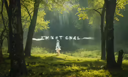 a girl standing in a forest with a message over her head