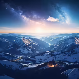 mountains and valleys are lit by sunlight at night