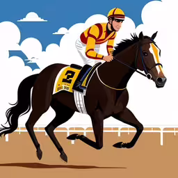 a horse and rider racing along an empty track,a person riding on the back of a brown horse