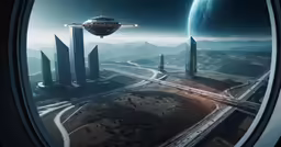 a spaceship flies through a city in space