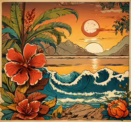 a colorful painting of flowers and the ocean,a tropical landscape with the sun setting