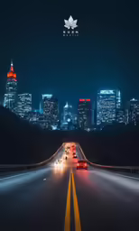 long highway with bright lights going down it in the city