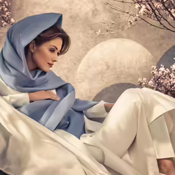 woman dressed in a white and blue outfit on a bed