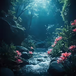 the woods have bright red flowers on them
