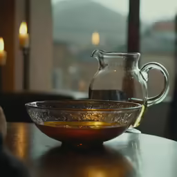bowl with food and sauce on table in dark room