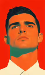 a male with a collared shirt and tie