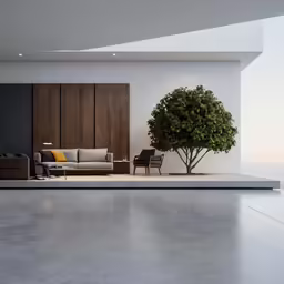 a modern living room with wood and cement flooring