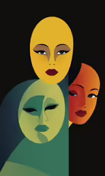 three masks are standing together, one has eyes open and the other is closed