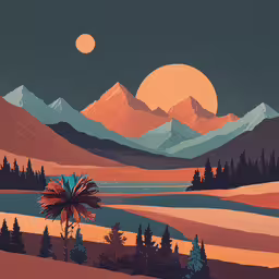a poster of a beautiful desert landscape with sun in background,an illustration of trees and mountains in the distance, as seen at dusk
