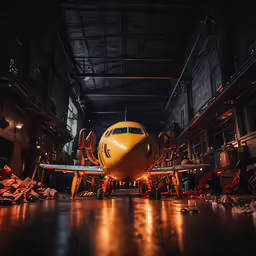 a yellow plane sits in an airplane hangar