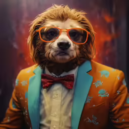 a dog in a fancy fashion and glasses looks into the camera