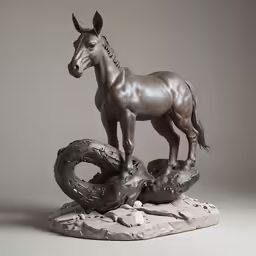 the figurine shows a statue of a horse with its front foot in an horseshoe