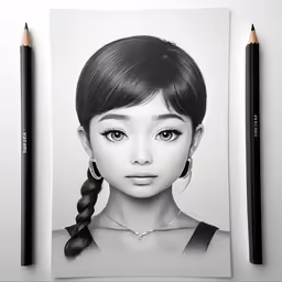 a girl with long hair and braids on her head, next to two pencils,
