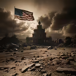 a flag is flying next to a building in the distance
