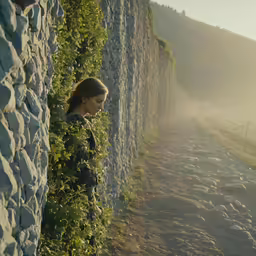 a young woman in dress peering over ivy covered wall