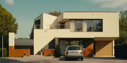 a car parked in front of a house with balcony