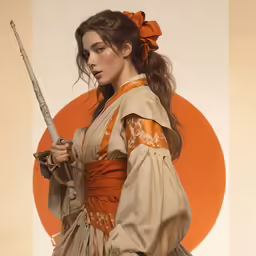 a woman in a long dress holds a gun