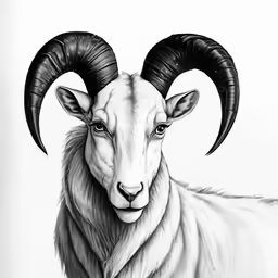 a black and white drawing of a ram with large horns