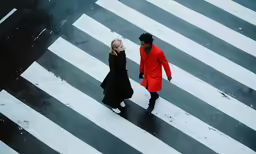 man and woman walking across street in snow