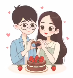 a couple sitting in front of a cake