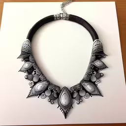 a close up of a necklace on a table,a silver necklace sits on top of a card
