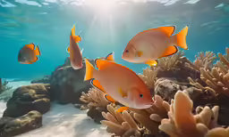 fish swimming in the blue water of a sea with rocks and corals
