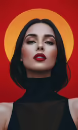 woman in black outfit with sun over her head