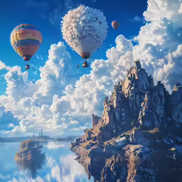 some air balloons flying in the sky over water