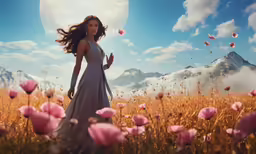 a woman in an artistic field full of pink flowers