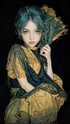 an asian woman with blue hair and green makeup