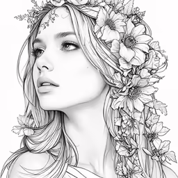 a black and white drawing of a woman wearing a flower crown